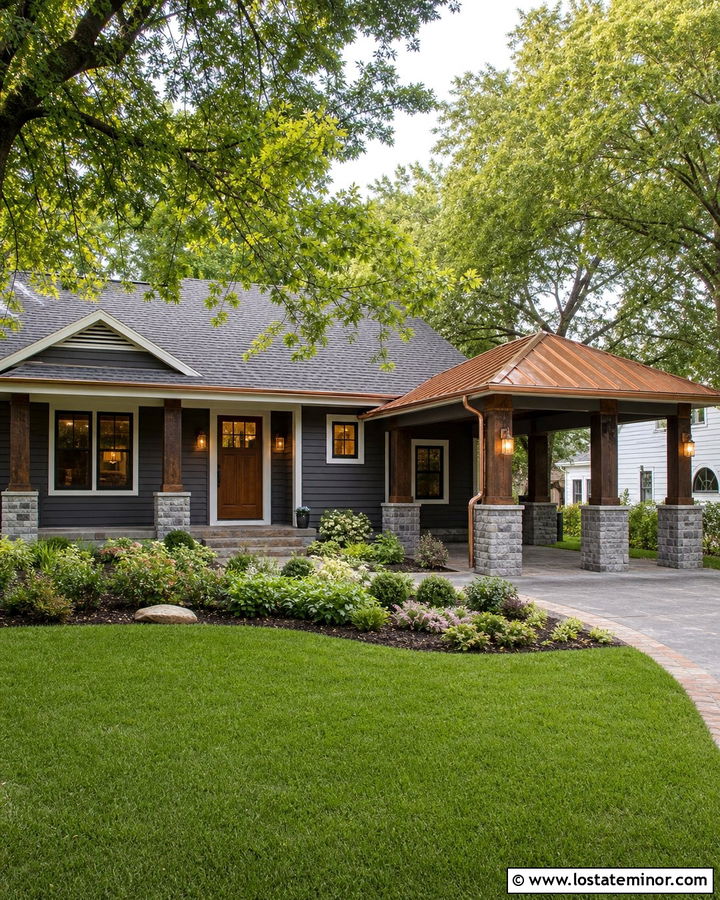 Charcoal Gray House With Copper Carport Roof - 30 Charcoal Grey House Design With Carport Ideas