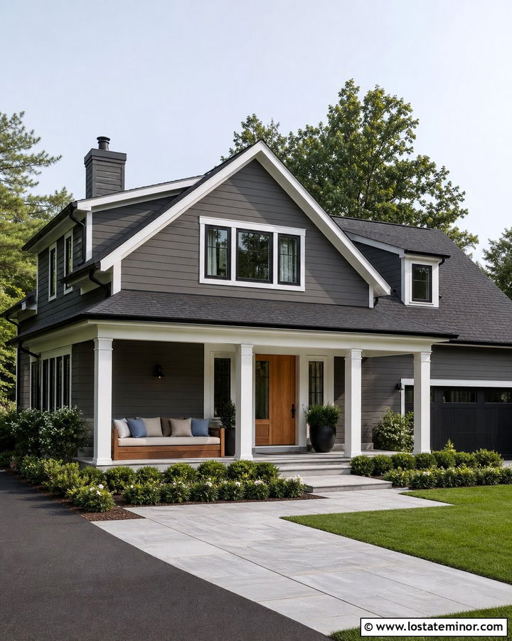 Charcoal Gray House With Corner Porch Daybed - 30 Charcoal Grey House Design With Daybed Ideas