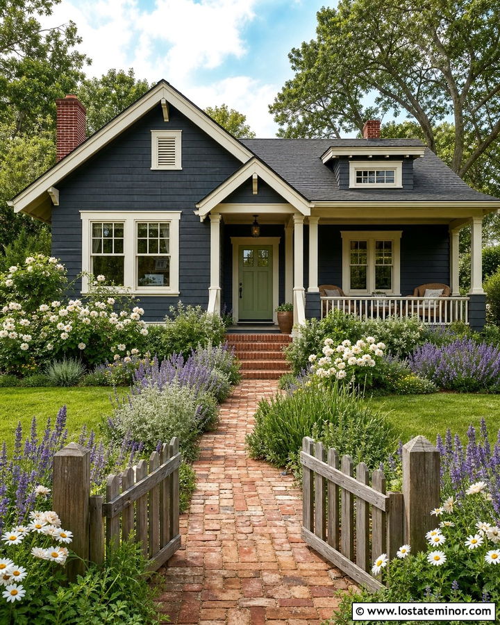 Charcoal Gray House With Cottage Garden Landscaping - 30 Charcoal Grey House Design With Landscaping Ideas