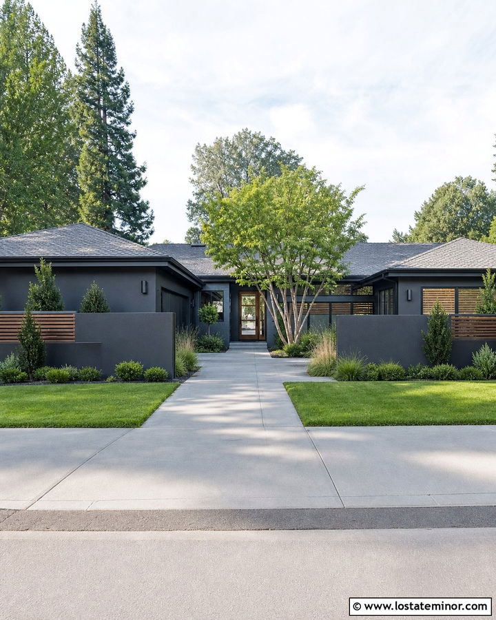 Charcoal Gray House With Courtyard Landscaping - 30 Charcoal Grey House Design With Landscaping Ideas