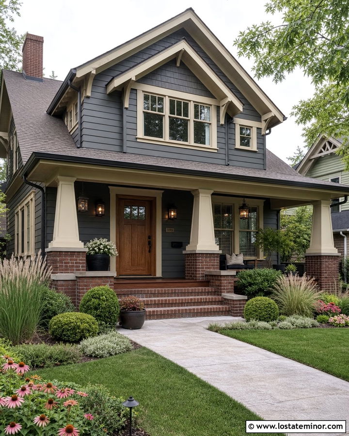 Charcoal Gray House With Craftsman Brick Column Bases - 30 Charcoal Grey House Design With Porch Columns Ideas