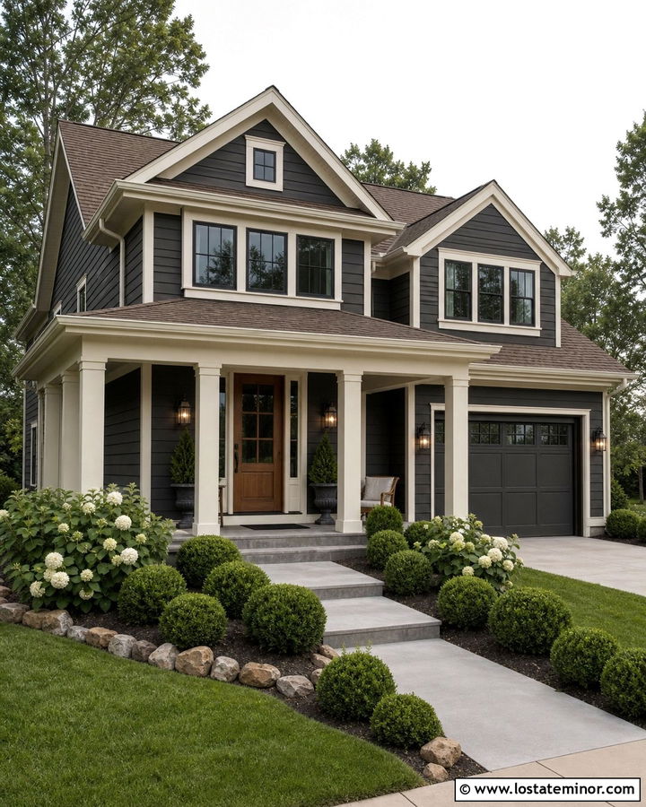 Charcoal Gray House With Cream Porch Columns - 30 Charcoal Grey House Design With Porch Columns Ideas