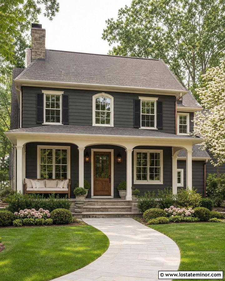 Charcoal Gray House With Cream Trim And Oak Daybed - 30 Charcoal Grey House Design With Daybed Ideas