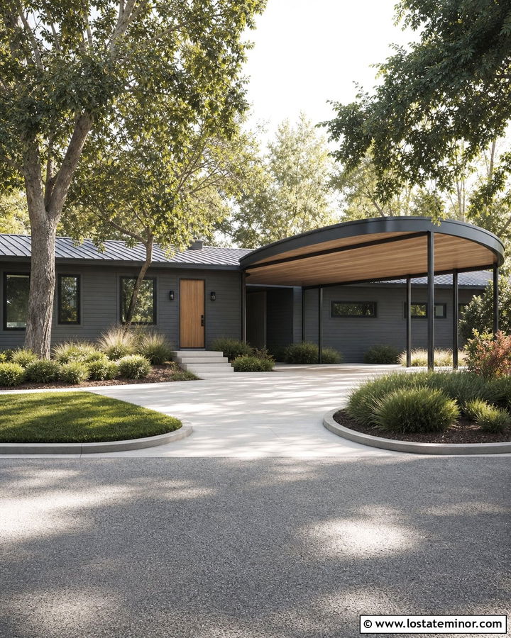 Charcoal Gray House With Curved Roof Carport - 30 Charcoal Grey House Design With Carport Ideas