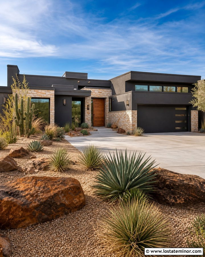 Charcoal Gray House With Desert Landscaping - 30 Charcoal Grey House Design With Landscaping Ideas