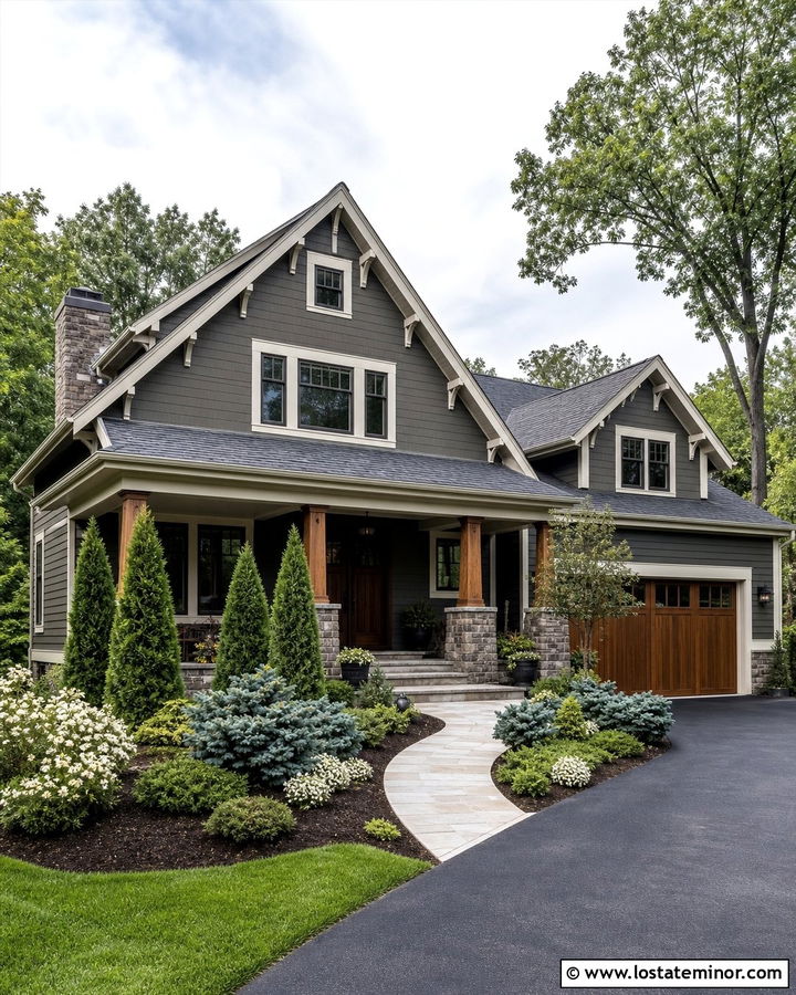 Charcoal Gray House With Evergreen Foundation Plants - 30 Charcoal Grey House Design With Landscaping Ideas