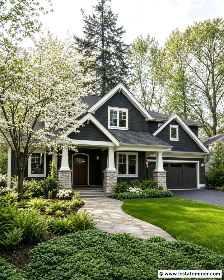 Charcoal Gray House With Flowering Dogwood Trees - 30 Charcoal Grey House Design With Landscaping Ideas