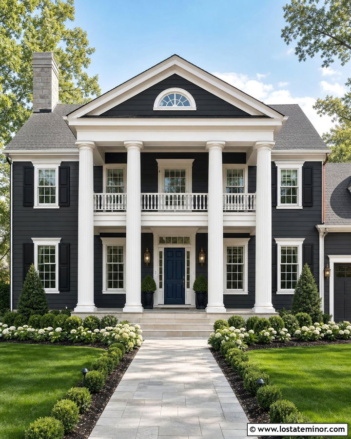 Charcoal Gray House With Fluted Porch Columns - 30 Charcoal Grey House Design With Porch Columns Ideas