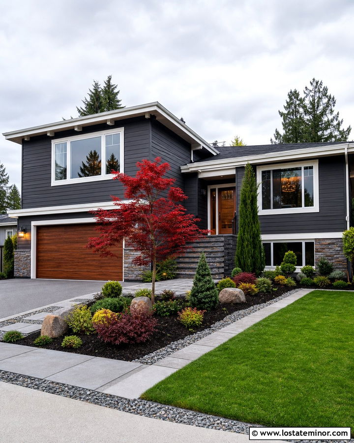 Charcoal Gray House With Japanese Maple Landscaping - 30 Charcoal Grey House Design With Landscaping Ideas