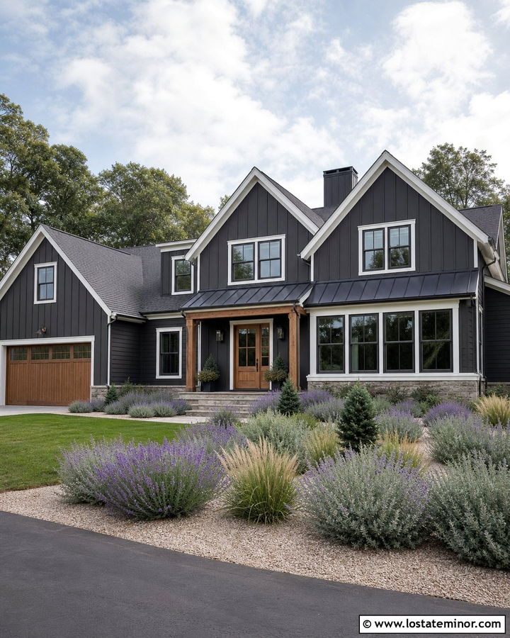 Charcoal Gray House With Lavender Landscaping - 30 Charcoal Grey House Design With Landscaping Ideas