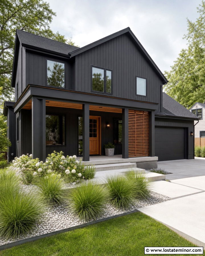 Charcoal Gray House With Matching Charcoal Porch Columns - 30 Charcoal Grey House Design With Porch Columns Ideas