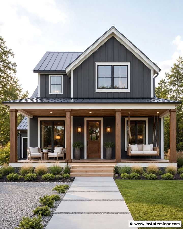Charcoal Gray House With Metal Roof And Rope Daybed - 30 Charcoal Grey House Design With Daybed Ideas