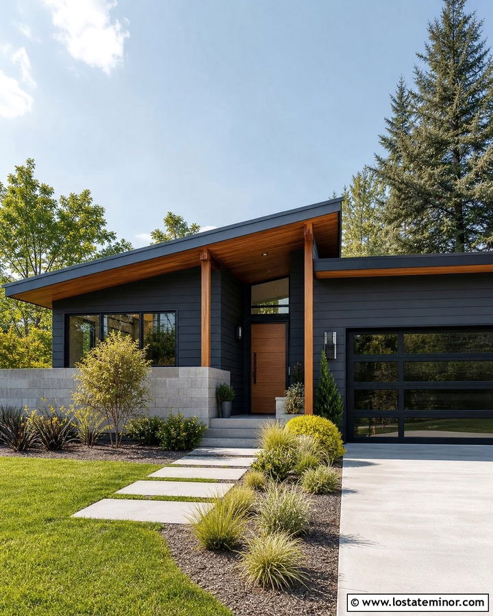 Charcoal Gray House With Midcentury Wood Porch Columns - 30 Charcoal Grey House Design With Porch Columns Ideas