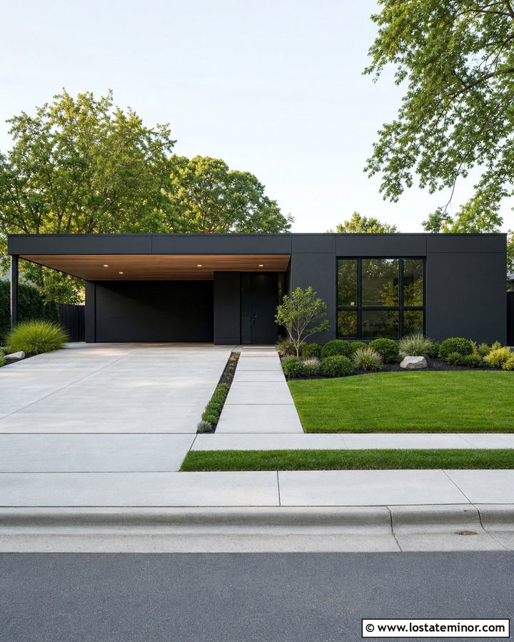 Charcoal Gray House With Minimalist Carport - 30 Charcoal Grey House Design With Carport Ideas