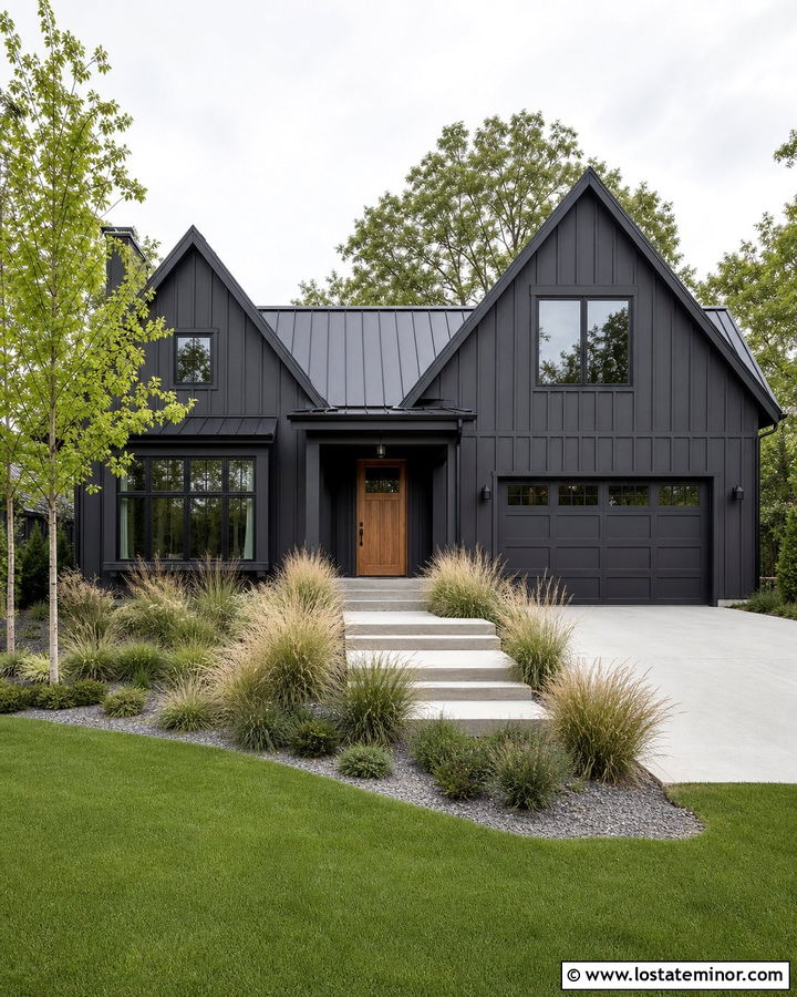 Charcoal Gray House With Ornamental Grasses - 30 Charcoal Grey House Design With Landscaping Ideas