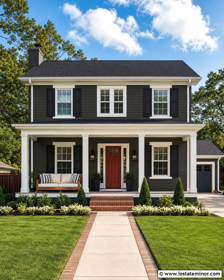Charcoal Gray House With Red Front Door And Daybed - 30 Charcoal Grey House Design With Daybed Ideas