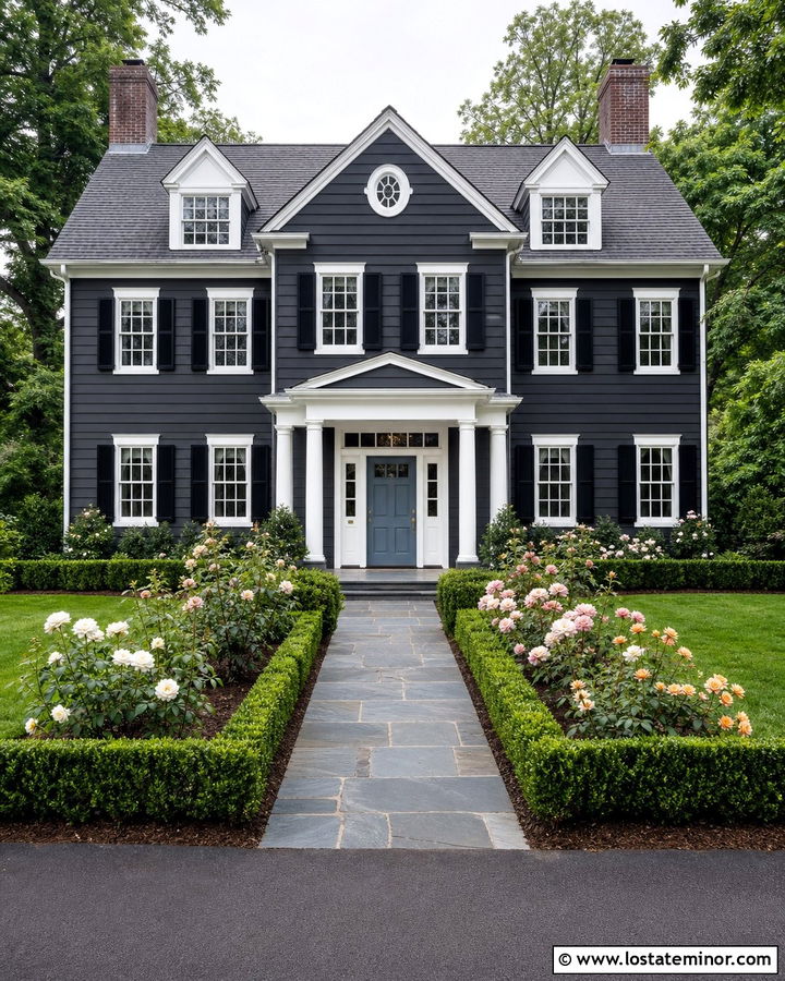 Charcoal Gray House With Rose Garden Landscaping - 30 Charcoal Grey House Design With Landscaping Ideas