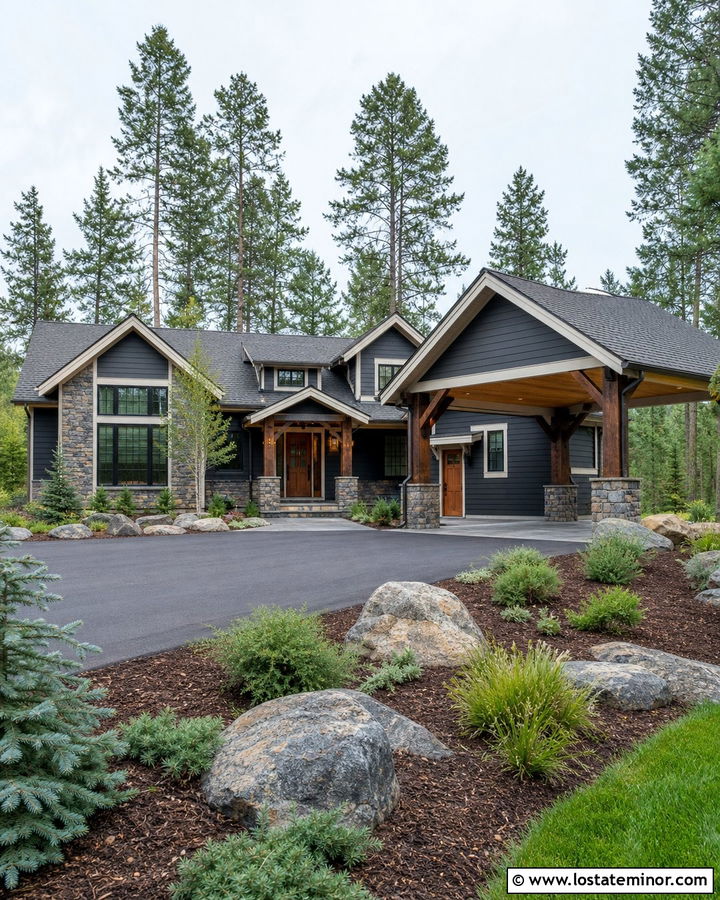 Charcoal Gray House With Stone Carport Columns - 30 Charcoal Grey House Design With Carport Ideas