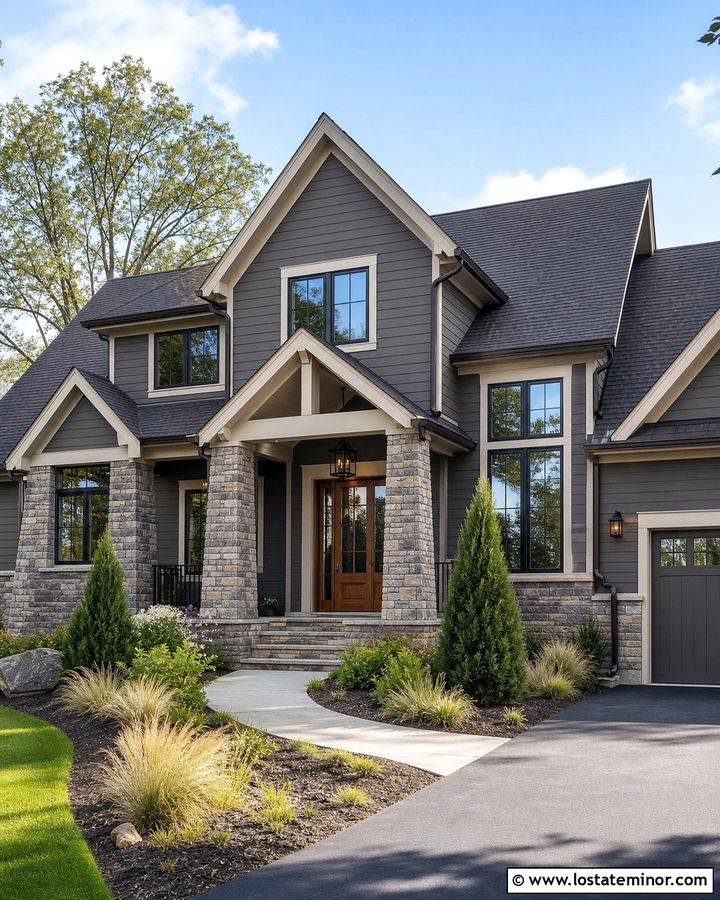 Charcoal Gray House With Stone Porch Columns - 30 Charcoal Grey House Design With Porch Columns Ideas