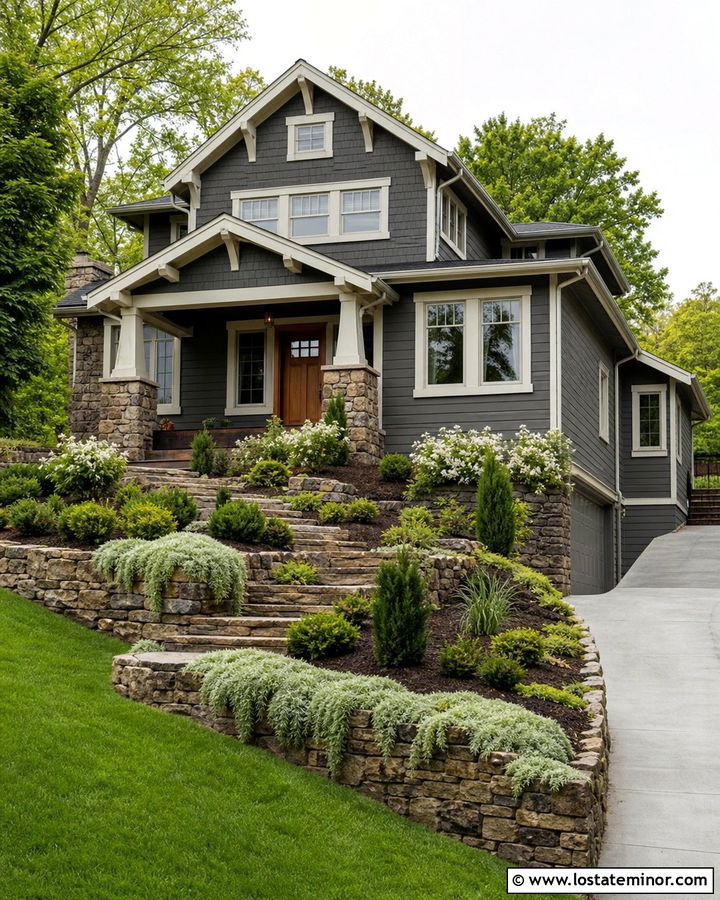 Charcoal Gray House With Stone Retaining Walls - 30 Charcoal Grey House Design With Landscaping Ideas