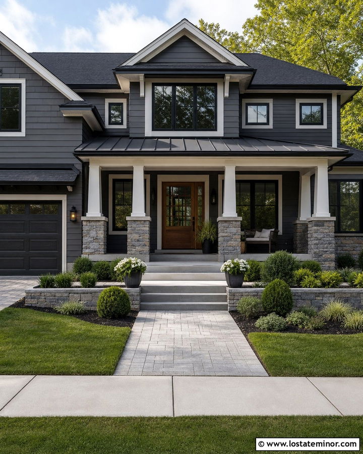 Charcoal Gray House With Stone Veneer Column Wraps - 30 Charcoal Grey House Design With Porch Columns Ideas