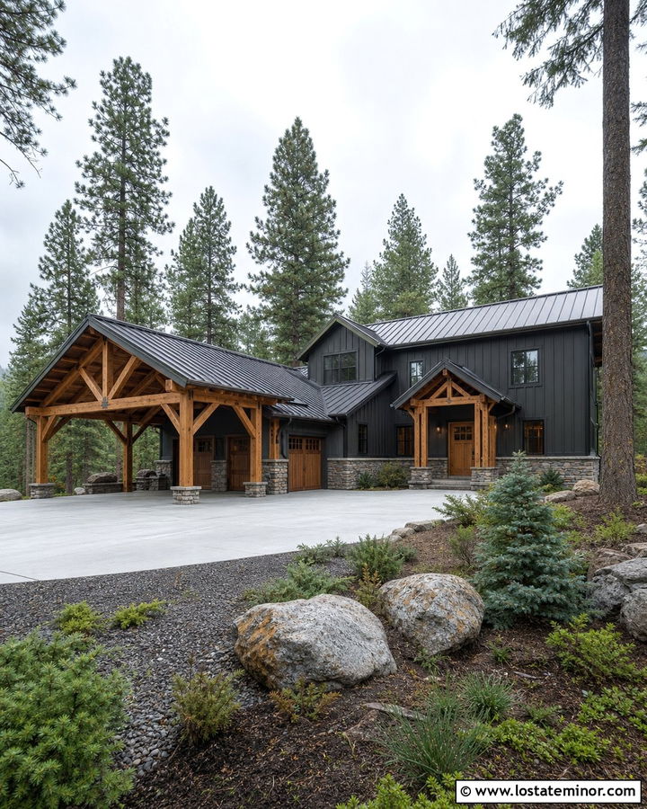 Charcoal Gray House With Timber Frame Carport - 30 Charcoal Grey House Design With Carport Ideas