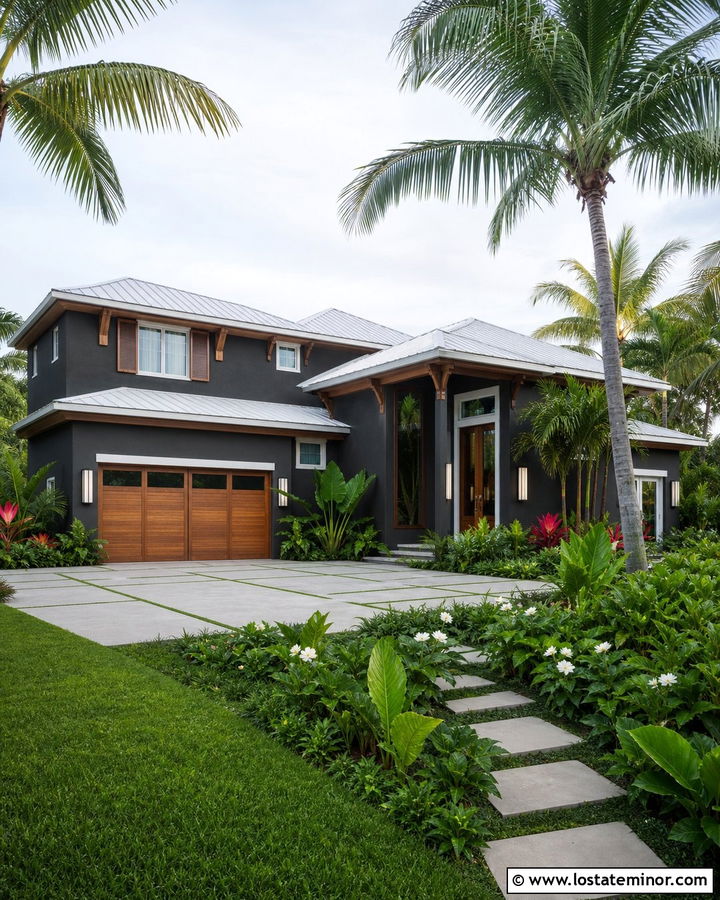 Charcoal Gray House With Tropical Landscaping - 30 Charcoal Grey House Design With Landscaping Ideas