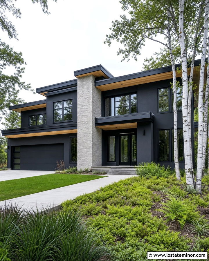 Charcoal Gray House With White Birch Trees - 30 Charcoal Grey House Design With Landscaping Ideas