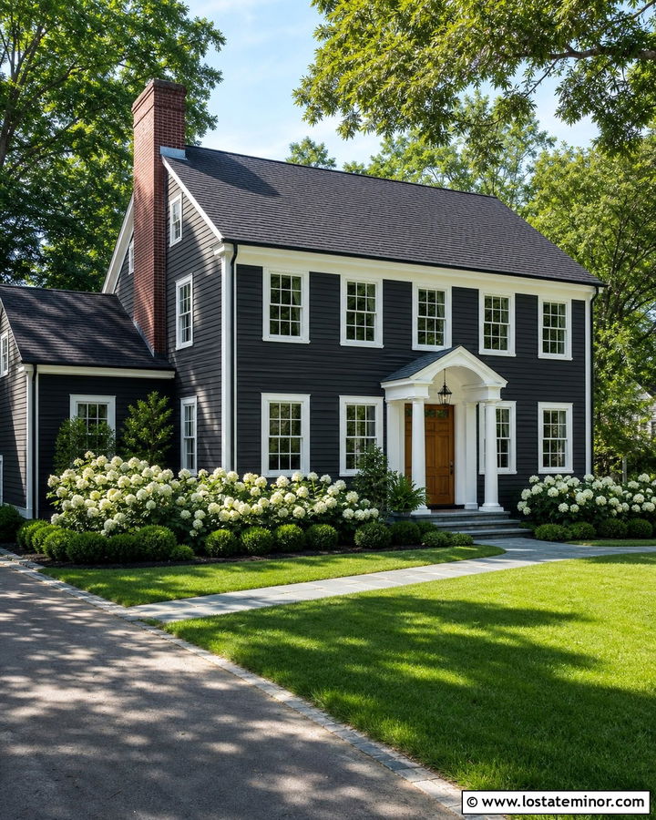 Charcoal Gray House With White Hydrangeas - 30 Charcoal Grey House Design With Landscaping Ideas