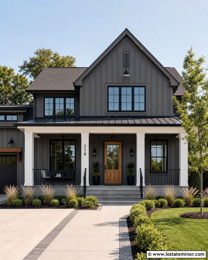 Charcoal Gray House With Wide Shiplap Porch Columns - 30 Charcoal Grey House Design With Porch Columns Ideas