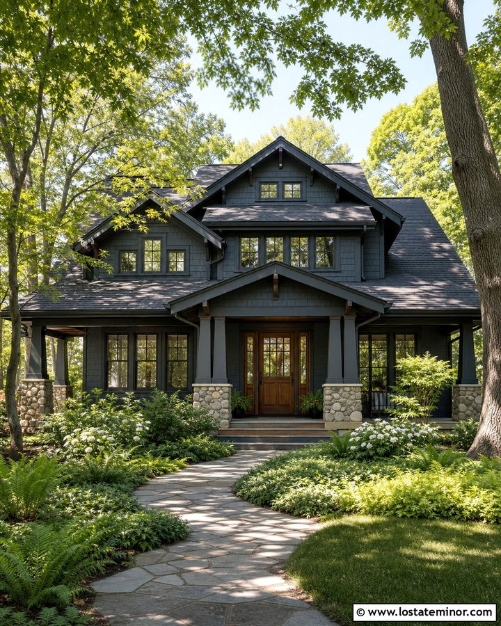 Charcoal Gray House With Woodland Landscaping - 30 Charcoal Grey House Design With Landscaping Ideas