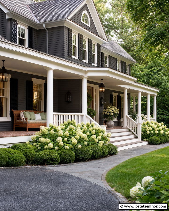 Charcoal Gray House With Wraparound Porch Daybed - 30 Charcoal Grey House Design With Daybed Ideas