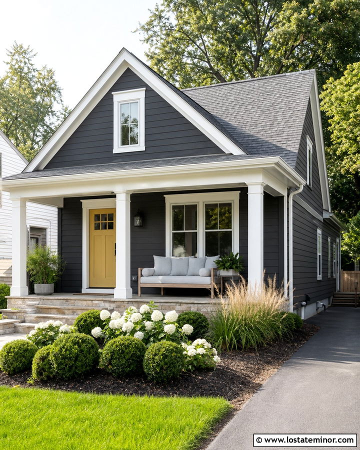 Charcoal Gray House With Yellow Front Door And Daybed - 30 Charcoal Grey House Design With Daybed Ideas