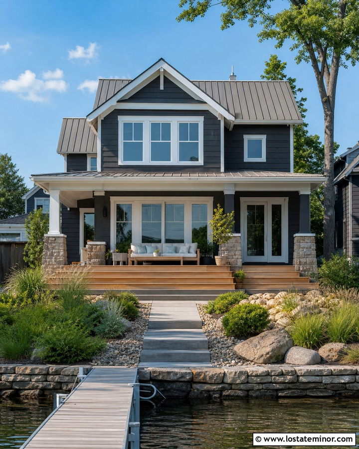 Charcoal Gray Lake House With Teak Daybed - 30 Charcoal Grey House Design With Daybed Ideas