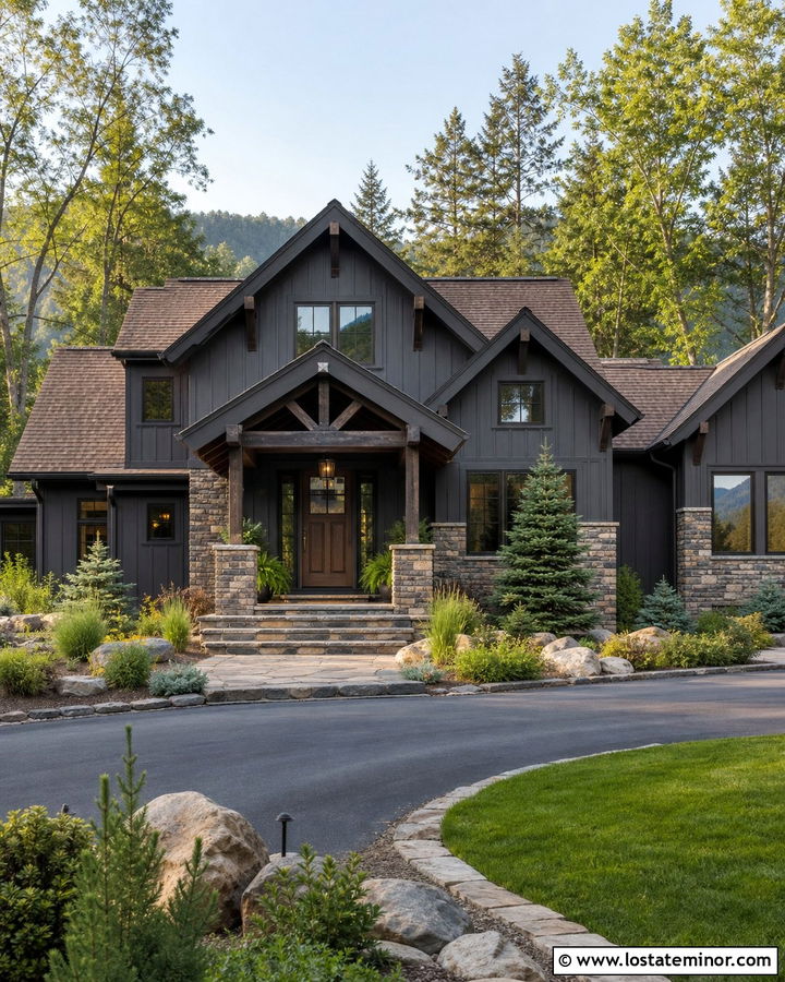 Charcoal Gray Lodge House With Dark Brown Front Door - 30 Charcoal Grey House Design With Front Door Ideas