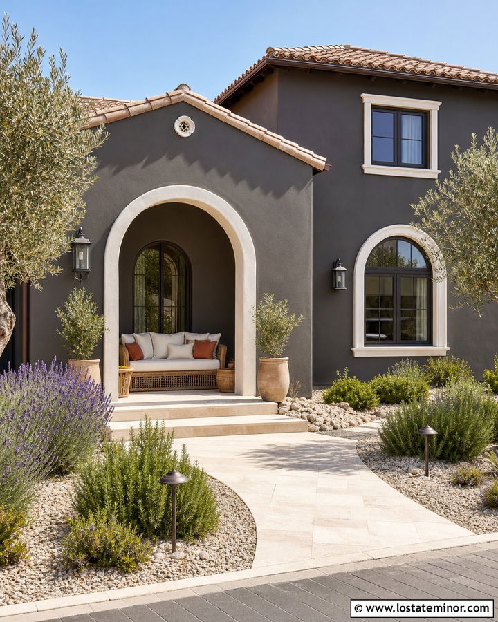 Charcoal Gray Mediterranean House With Woven Daybed - 30 Charcoal Grey House Design With Daybed Ideas