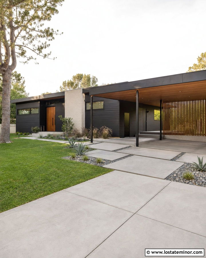 Charcoal Gray Midcentury House With Flat Carport - 30 Charcoal Grey House Design With Carport Ideas