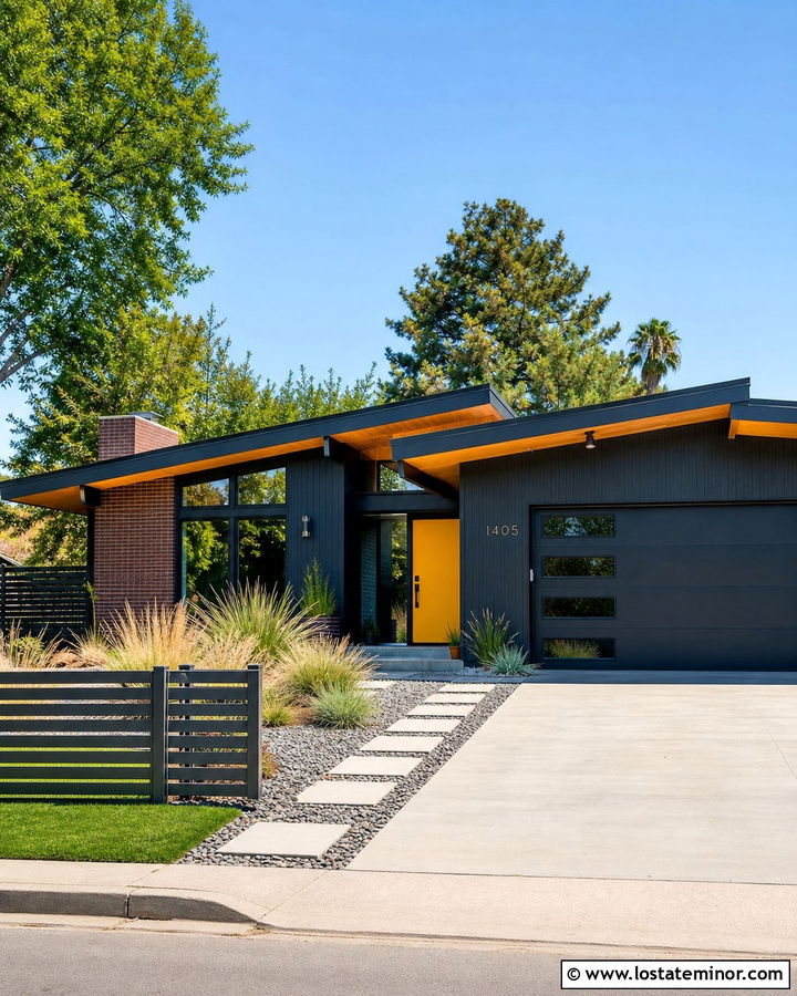Charcoal Gray Midcentury House With Mustard Yellow Front Door - 30 Charcoal Grey House Design With Front Door Ideas