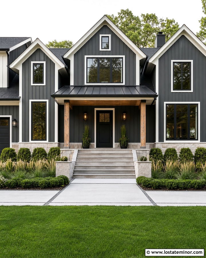 Charcoal Gray Modern Farmhouse With Black Front Door - 30 Charcoal Grey House Design With Front Door Ideas