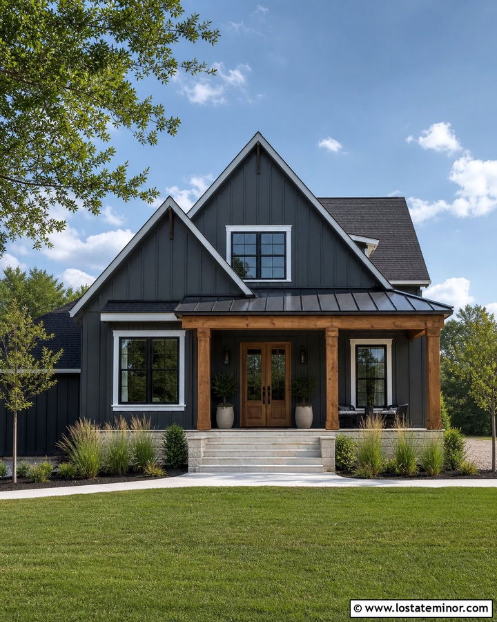 Charcoal Gray Modern Farmhouse With Wood Porch Columns - 30 Charcoal Grey House Design With Porch Columns Ideas