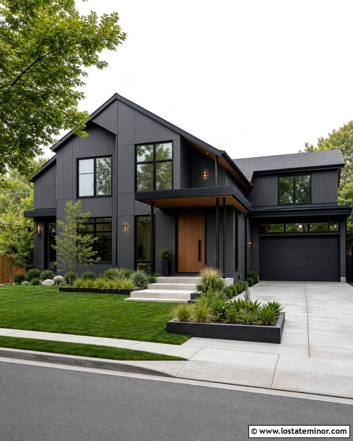 Charcoal Gray Modern House With Black Steel Porch Columns - 30 Charcoal Grey House Design With Porch Columns Ideas