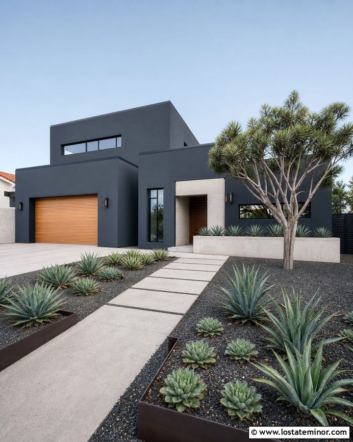 Charcoal Gray Modern House With Succulents - 30 Charcoal Grey House Design With Landscaping Ideas