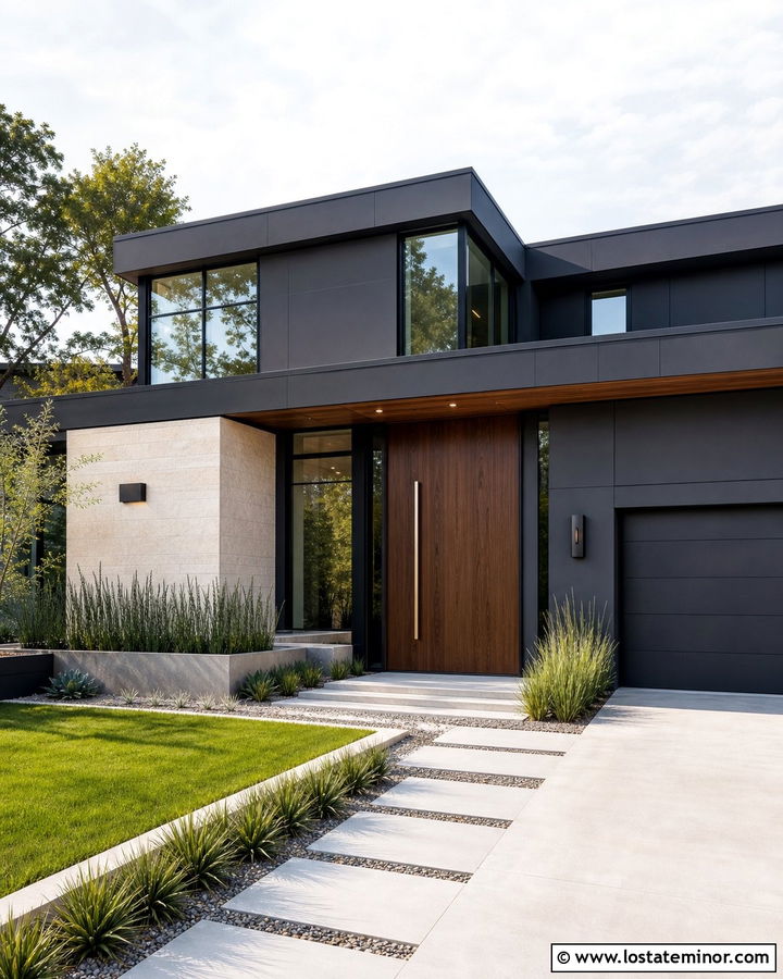 Charcoal Gray Modern House With Walnut Pivot Door - 30 Charcoal Grey House Design With Front Door Ideas