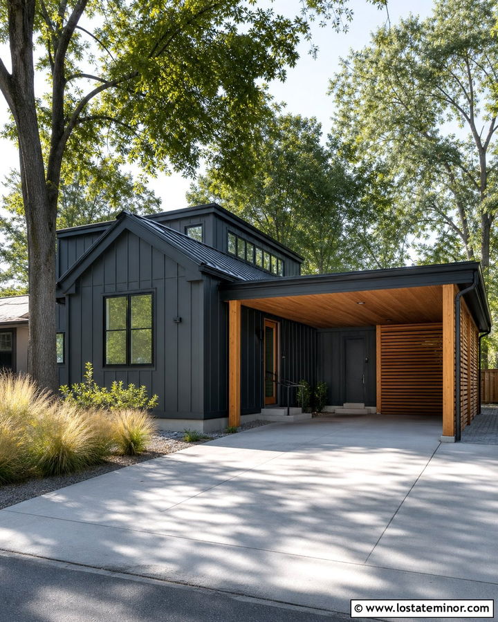 Charcoal Gray Modern House With Wood Carport - 30 Charcoal Grey House Design With Carport Ideas