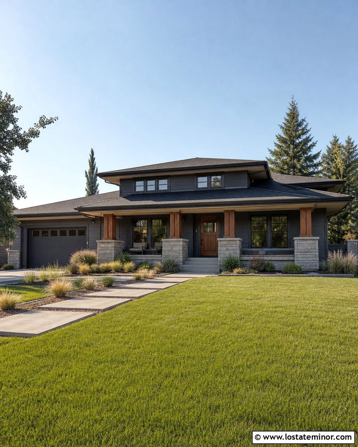 Charcoal Gray Prairie House With Stone Porch Columns - 30 Charcoal Grey House Design With Porch Columns Ideas