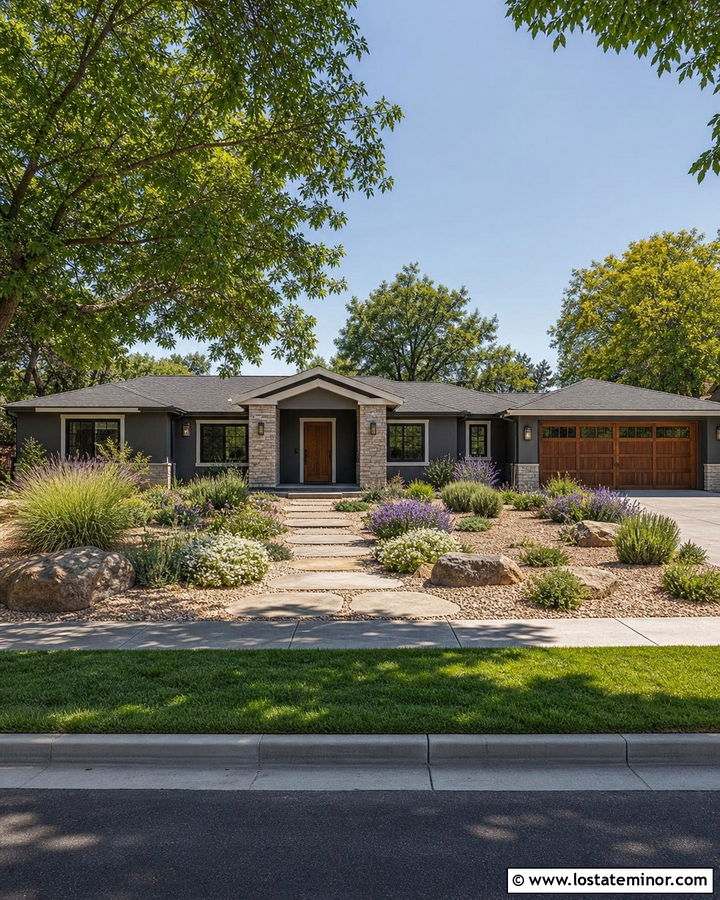 Charcoal Gray Ranch House With Low Water Landscaping - 30 Charcoal Grey House Design With Landscaping Ideas