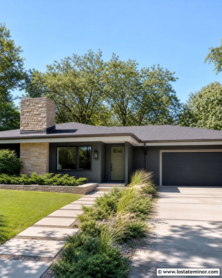 Charcoal Gray Ranch House With Olive Green Front Door - 30 Charcoal Grey House Design With Front Door Ideas