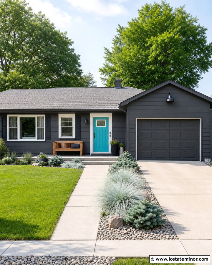 Charcoal Gray Ranch House With Turquoise Front Door - 30 Charcoal Grey House Design With Front Door Ideas