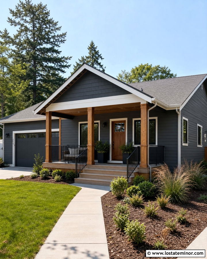 Charcoal Gray Ranch With Cedar Porch Columns - 30 Charcoal Grey House Design With Porch Columns Ideas