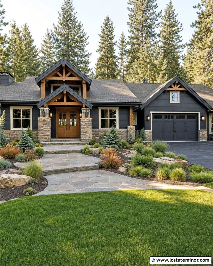 Charcoal Gray Rustic House With Oak Double Front Doors - 30 Charcoal Grey House Design With Front Door Ideas